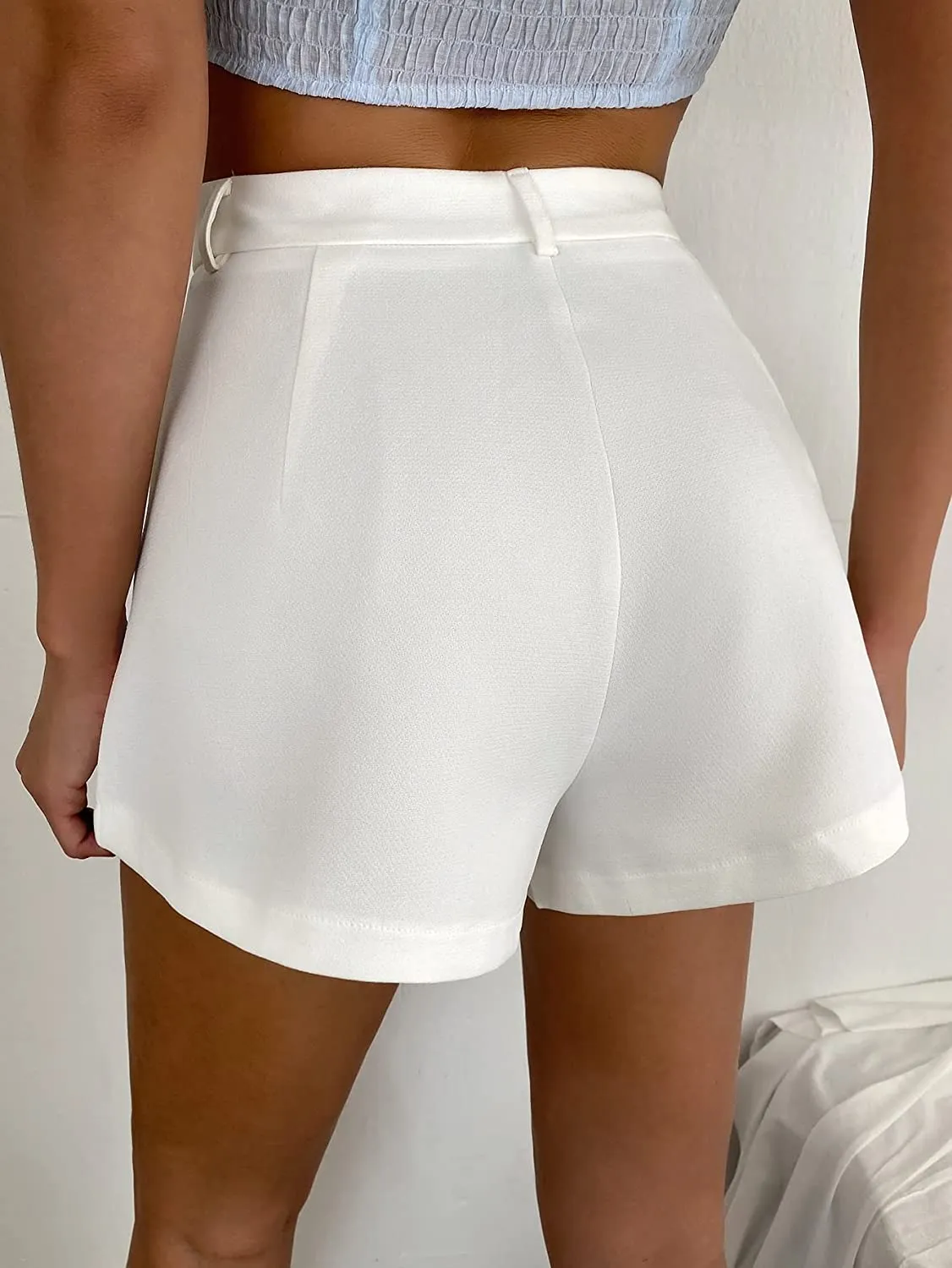 Casual White High Waisted Wide Leg Shorts with Pockets